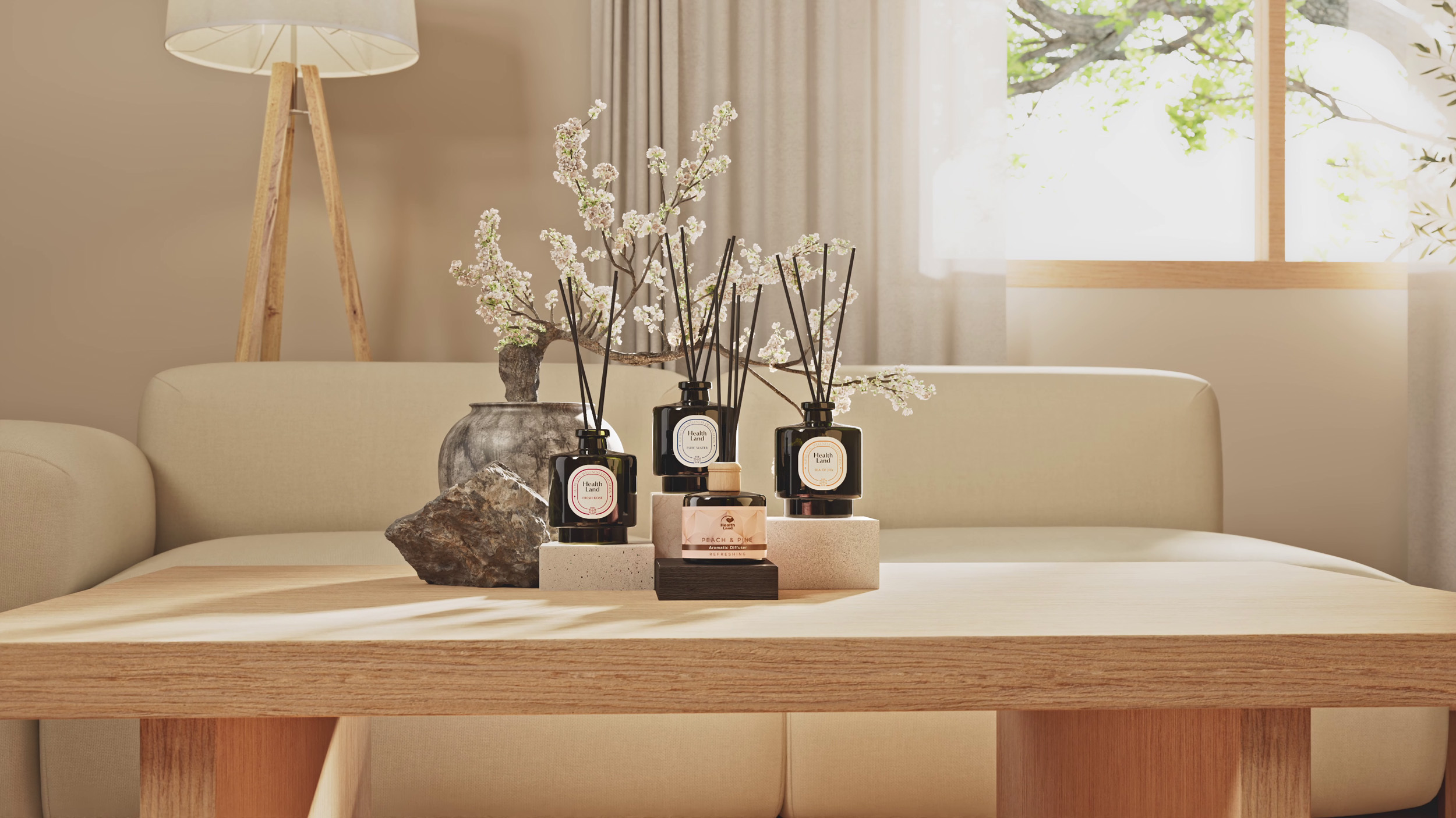 Health Land Diffuser จัดวางในบรรยากาศห้องนั่งเล่น