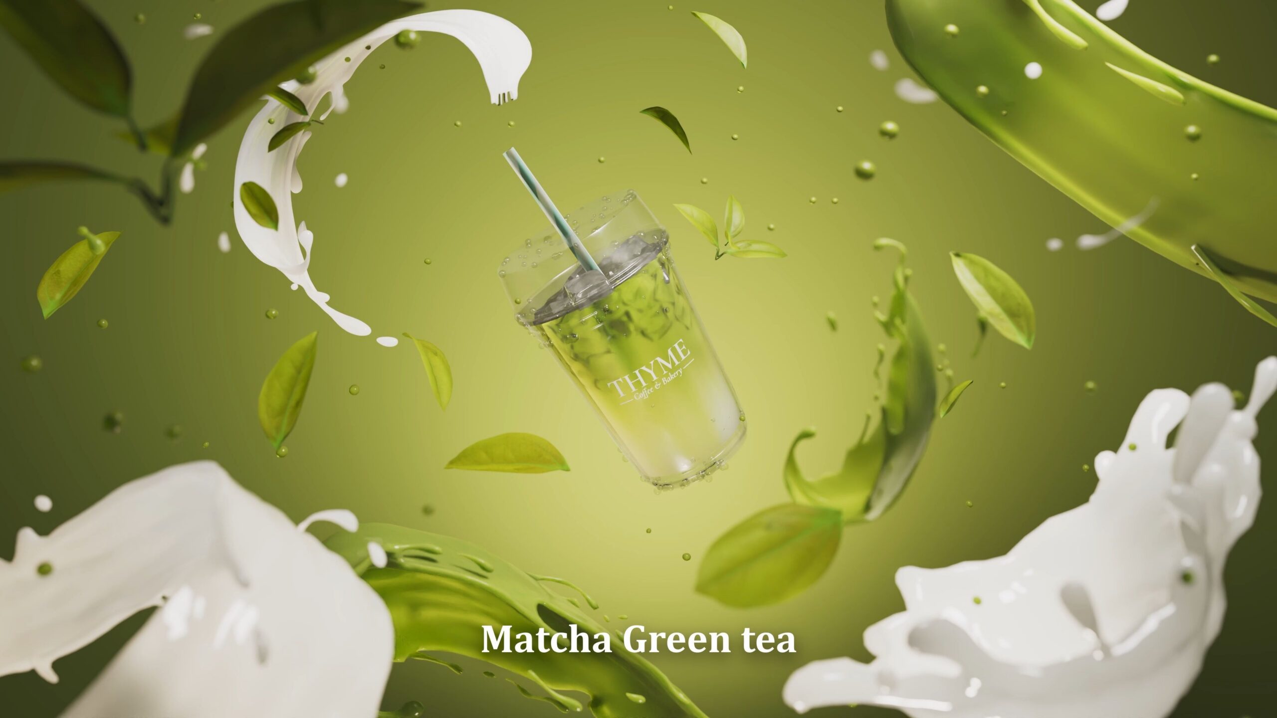 ภาพเรนเดอร์ 3D เมนู Matcha Green Tea แคมเปญ Thyme Coffee & Bakery โดย Light Roast