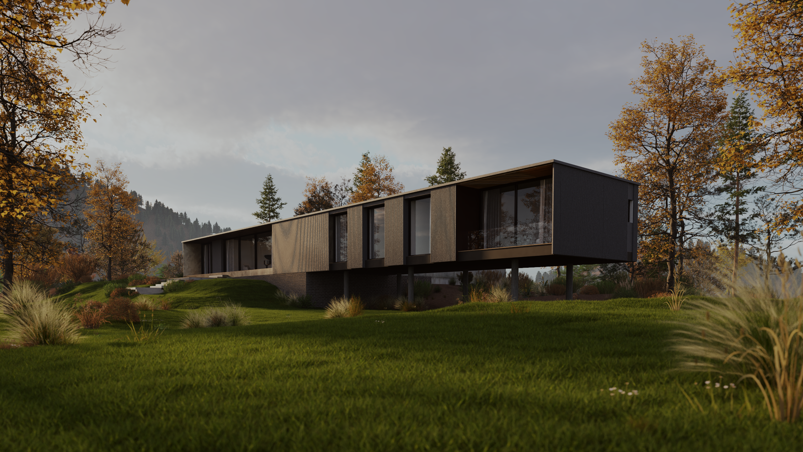 Hillside House - มุมมองรวมตัวอาคารที่ยื่นคานลอยเหนือเนินเขา