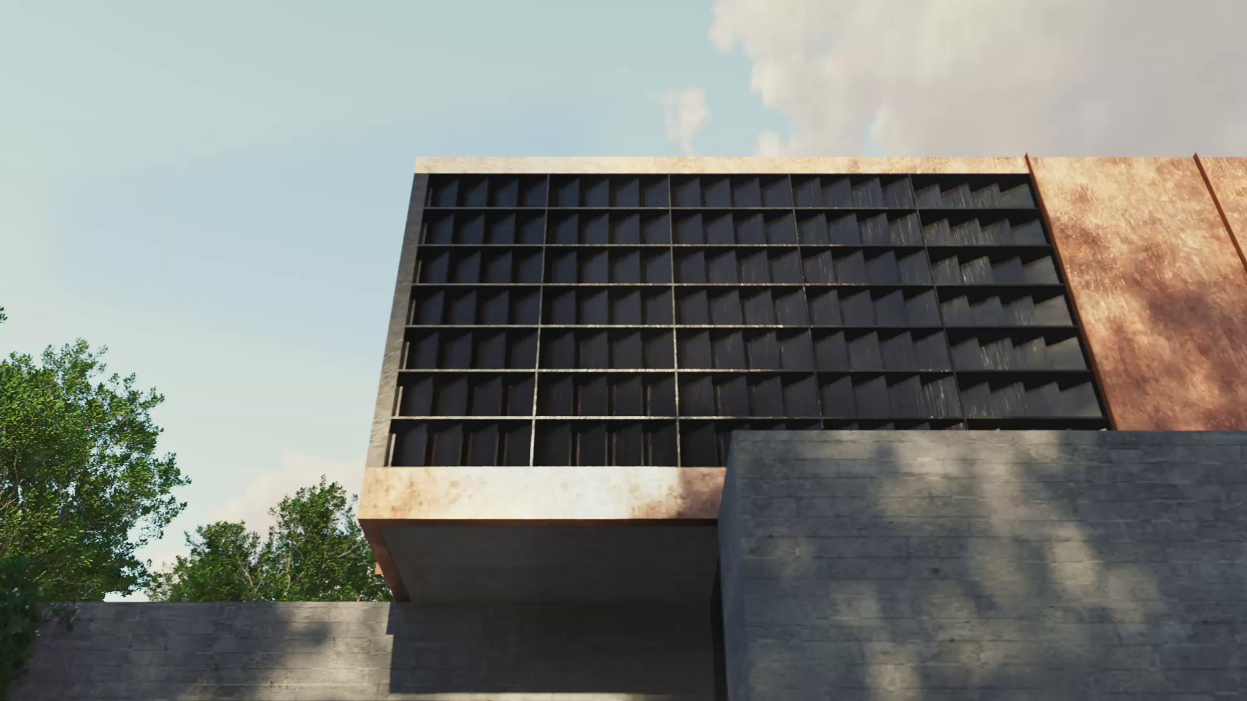 ภาพเรนเดอร์ 3D รายละเอียดผิวอาคารเหล็กกัดสนิมและช่องระแนงบังแดด