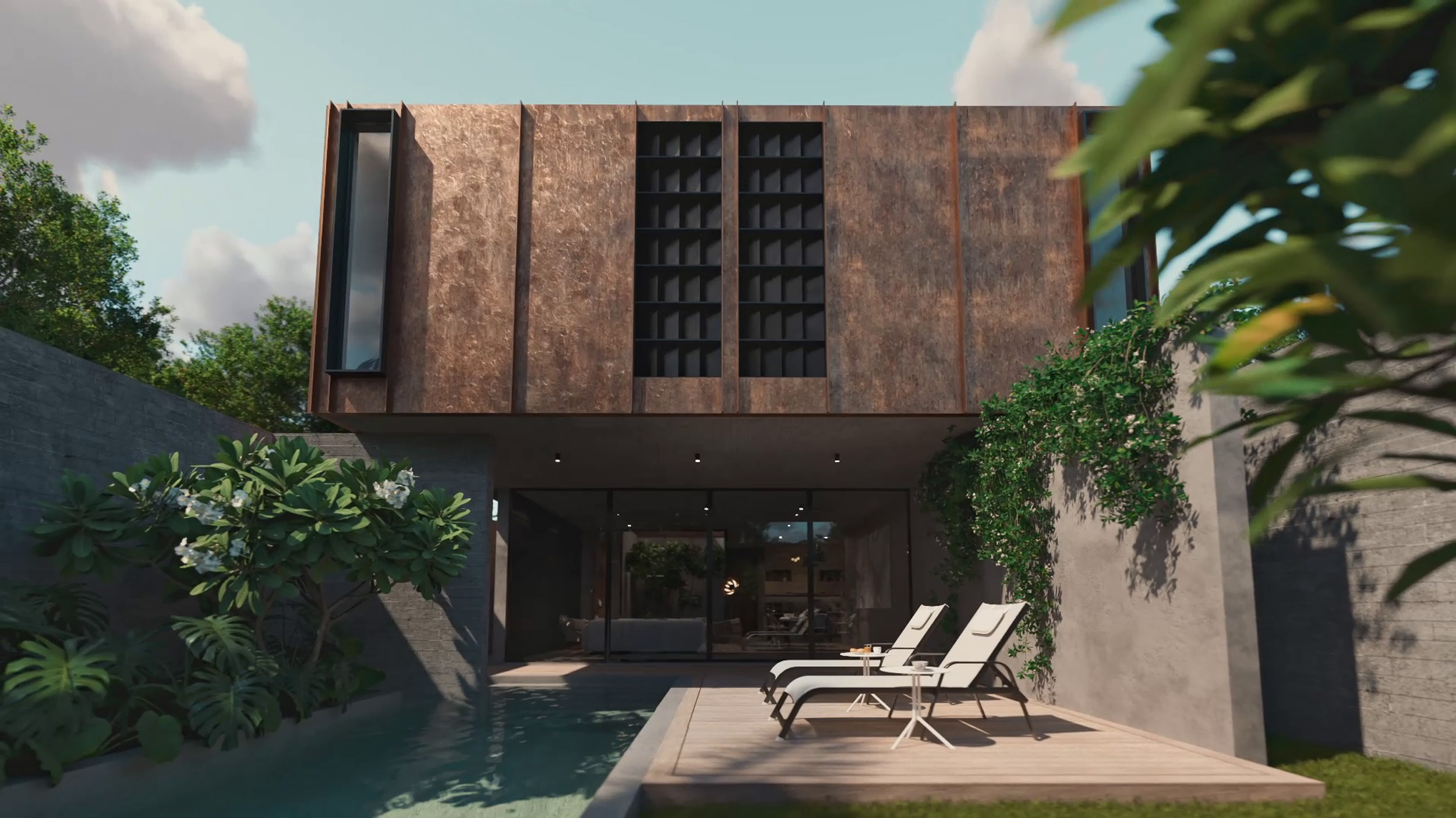 ภาพเรนเดอร์ 3D วิลล่าริมทะเล มุมมองด้านหลังตัวบ้านและสระว่ายน้ำ